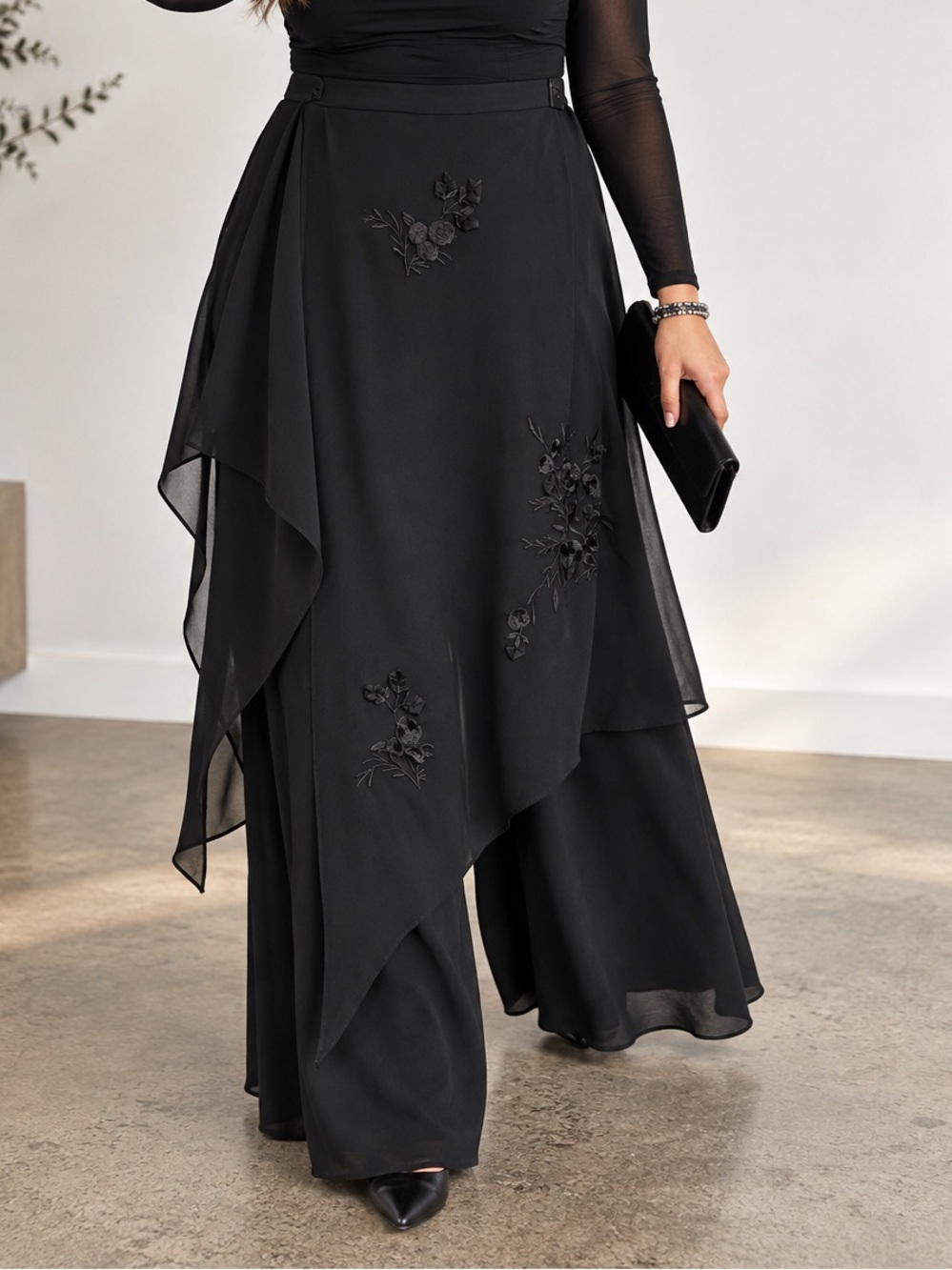Vintage MICHEL ANTONI Black Floral Overlay Wide Leg Pants Plus Size 20